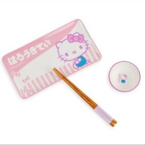 3 Piece Sanrio Hello Kitty Pink Ceramic Sushi Set With Sauce Bowl and Chopsticks